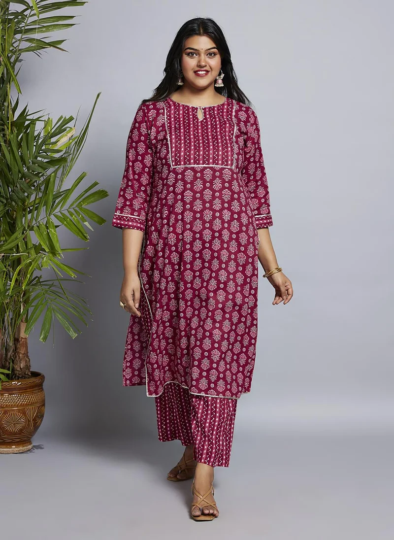 globus Globus Gloplus Women Keyhole Neck Floral Print Gotta Lace Straight Plus Size Kurta & Pants Set
